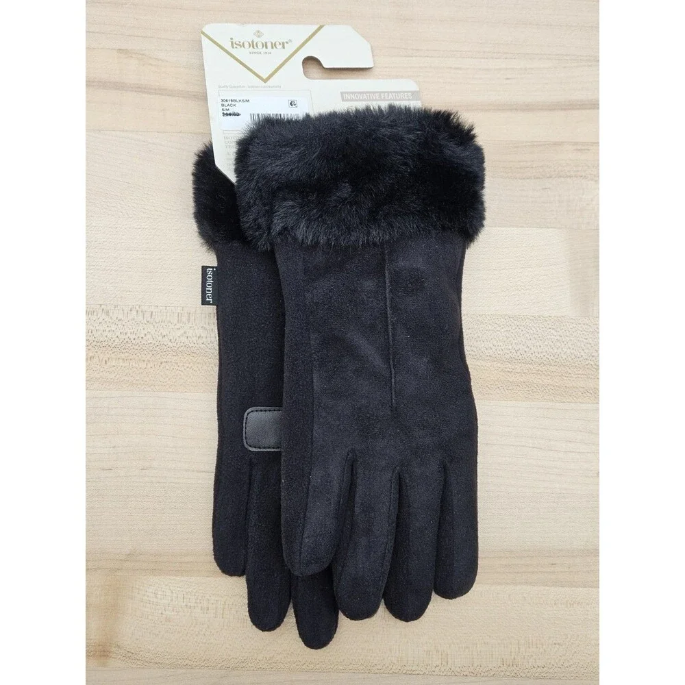NWT Isotoner Mya Women's smarTouch Gloves Black Microsuede Fur Cuff S/M Texting - Picture 2 of 7